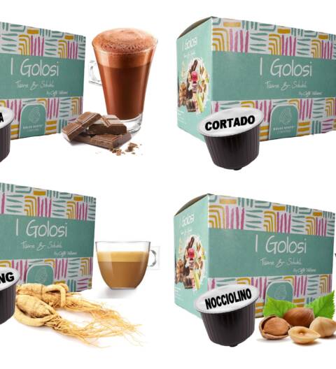 Mix capsule ai gusti: Ginseng, Cioccolato, Cortado, Nocciolino - Compatibili Dolce Gusto