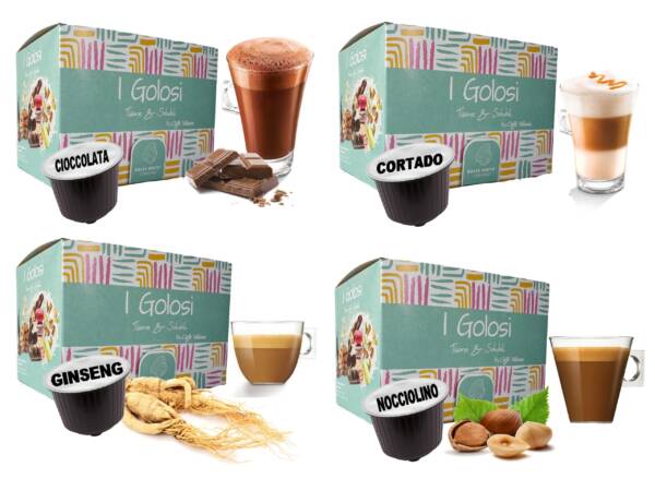 Mix capsule ai gusti: Ginseng, Cioccolato, Cortado, Nocciolino - Compatibili Dolce Gusto