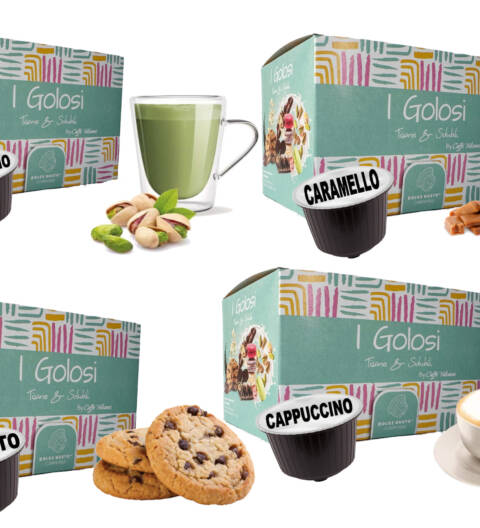 Mix capsule ai gusti: Biscotto, Cappuccino, Caramello, Pistacchio - Compatibili Dolce Gusto
