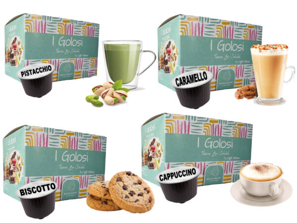 Mix capsule ai gusti: Biscotto, Cappuccino, Caramello, Pistacchio - Compatibili Dolce Gusto